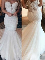 Affordable Strapless Tulle Lace Wedding Dress Chic Mermaid Sleeveless Long Dress For Wedding