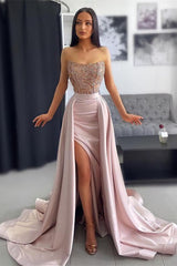 Classy Strapless Dusty Pink Prom Dress Mermaid Slit With Lace Appliques