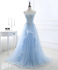 Light Blue Tulle Lace Long Corset Prom Dress, Corset Formal Dress outfit, Evenning Dress For Wedding Guest