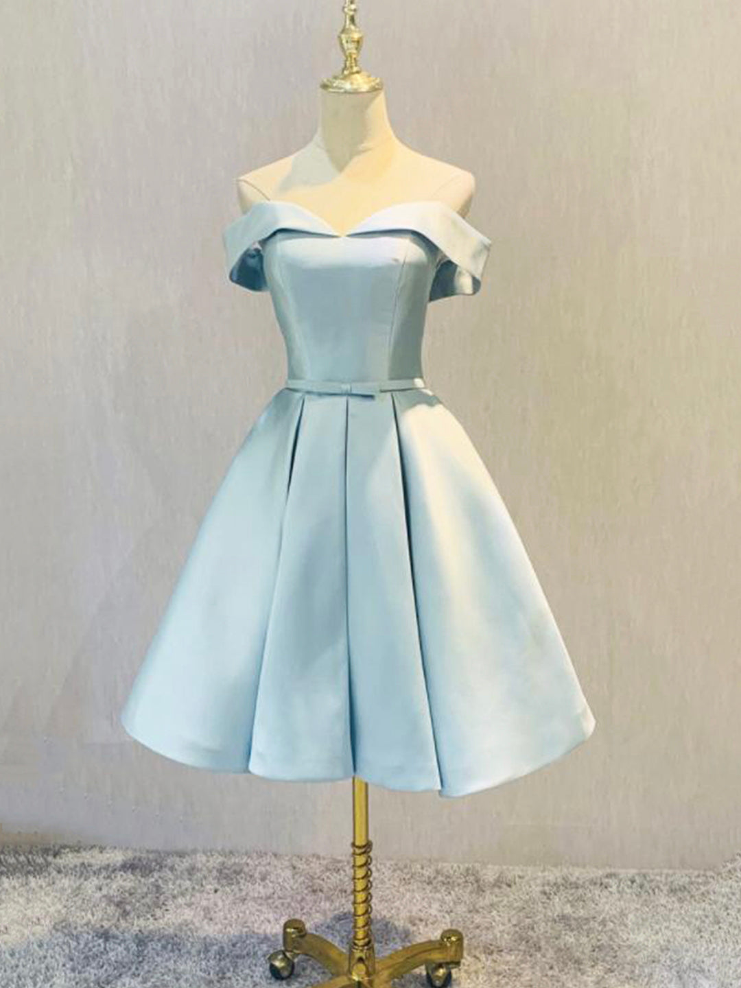 Simple Short Light Blue Satin Party Dress, Blue A-Line Off the Shoulder Evening Dress outfit, Party Dresses Teen