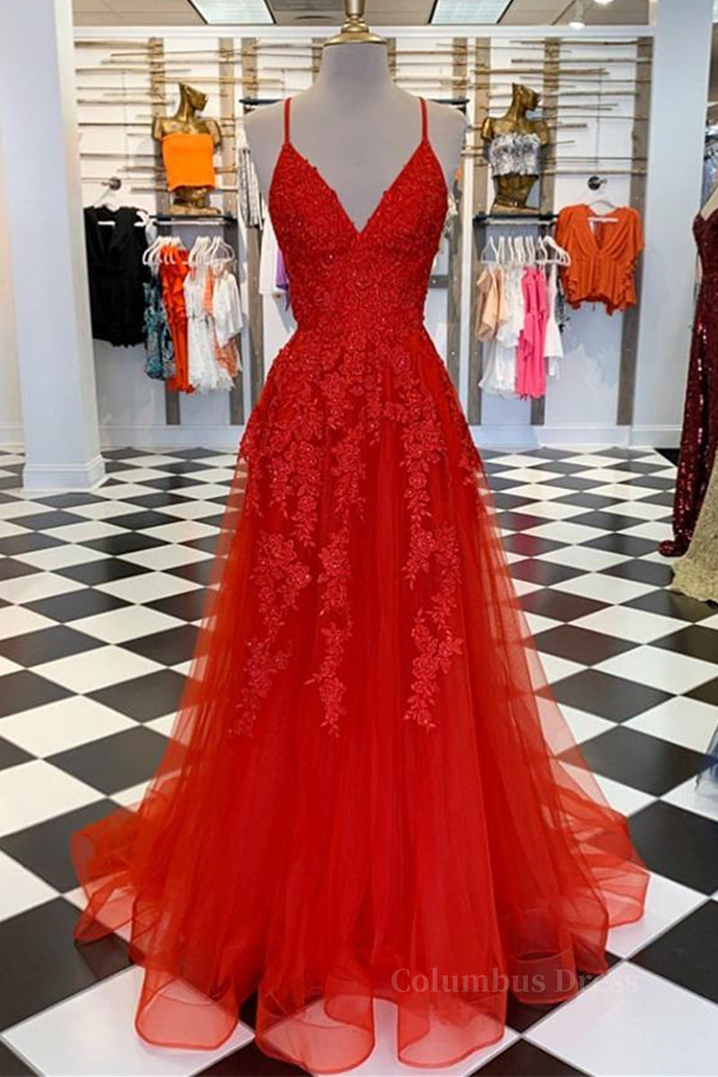 A Line Spaghetti Straps V Neck Red Lace Long Corset Prom Dress, Red Lace Corset Formal Dress, Red Evening Dress outfit, Black Long Dress