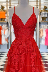A Line Spaghetti Straps V Neck Red Lace Long Corset Prom Dress, Red Lace Corset Formal Dress, Red Evening Dress outfit, Off Shoulder Prom Dress