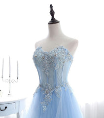 Light Blue Tulle Lace Long Corset Prom Dress, Corset Formal Dress outfit, Evening Dress For Wedding Guest