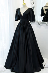 Black Satin Deep V-neckline Long Corset Formal Dress, Black Evening Dress Corset Prom Dress outfits, Backless Dress