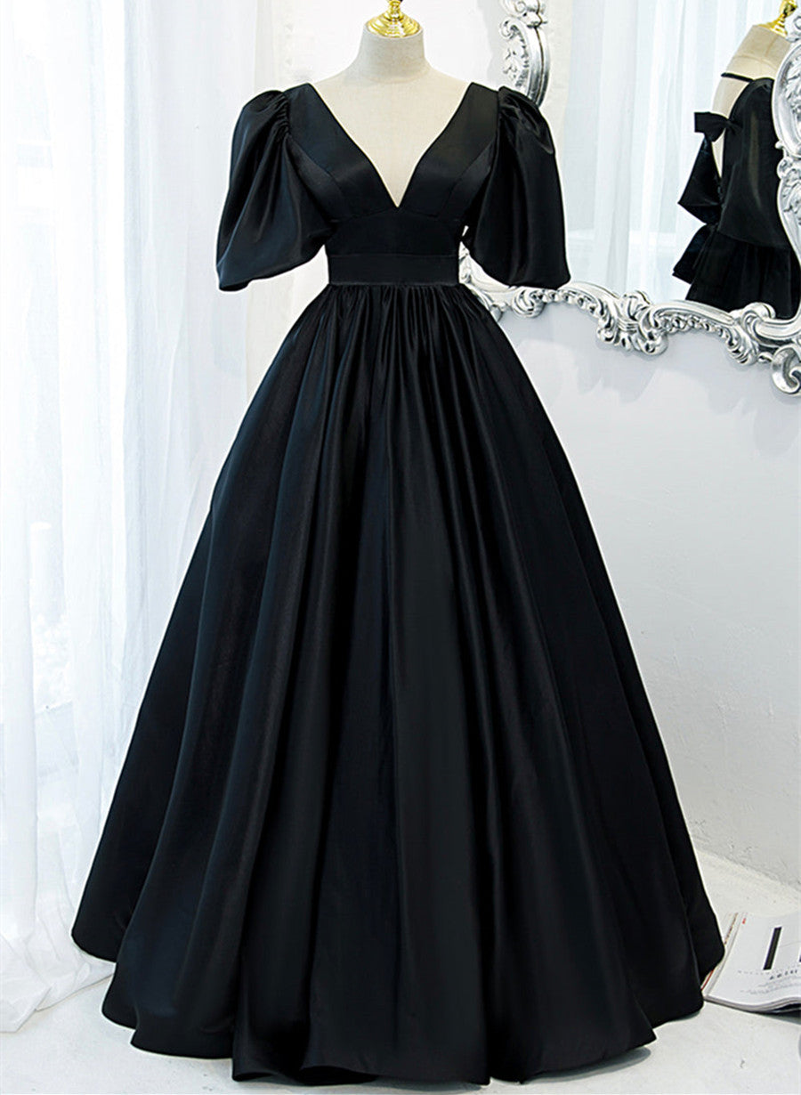 Black Satin Deep V-neckline Long Corset Formal Dress, Black Evening Dress Corset Prom Dress outfits, Strapless Prom Dress