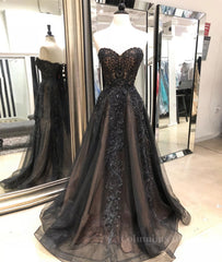 Black sweetheart neck tulle lace long Corset Prom dress, black evening dress outfit, Evening Dresses Velvet