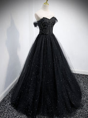 Black Sweetheart Off Shoulder Tulle Long Corset Prom Dress, Black Evening Dress outfit, Formal Dress Floral