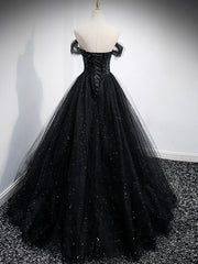 Black Sweetheart Off Shoulder Tulle Long Corset Prom Dress, Black Evening Dress outfit, Formal Dresses Long Blue