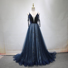 Blue A-line Straps Tulle Long Evening Dress Party Dress, Blue Corset Bridesmaid Dress outfit, Prom Dress Long Elegant