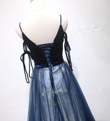 Blue A-line Straps Tulle Long Evening Dress Party Dress, Blue Corset Bridesmaid Dress outfit, Prom Dresses Silk