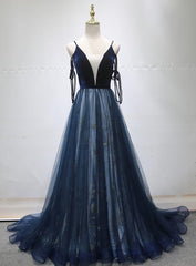 Blue A-line Straps Tulle Long Evening Dress Party Dress, Blue Corset Bridesmaid Dress outfit, Prom Dress Long Elegent