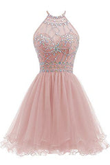 Beaded Halter Corset Homecoming Dress, Short Tulle Dress outfit, Prom Dresses Princesses