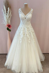 Classy Long A-Line Sweetheart Appliques Lace Tulle Backless Corset Wedding Dress outfit, Wedding Dress Idea