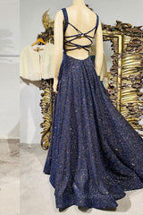 Dark blue sequin long Corset Prom dress , blue evening dress outfit, Prom Dresses V Neck