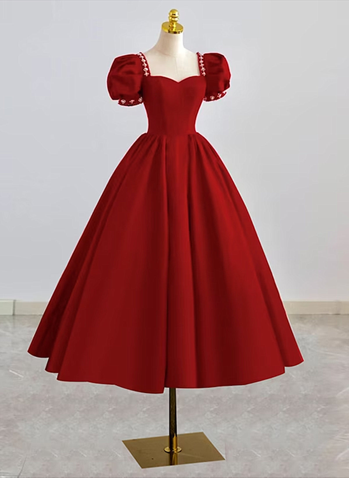 Dark Red Beaded Short Sleeves Tea Length Party Dress, Dark Red Corset Formal Dress Corset Prom Dress outfits, Bridesmaids Dresses Summer Wedding