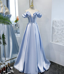 Blue Satin Long A Line Corset Prom Dress, Blue Evening Dress outfit, Evening Dresses Red