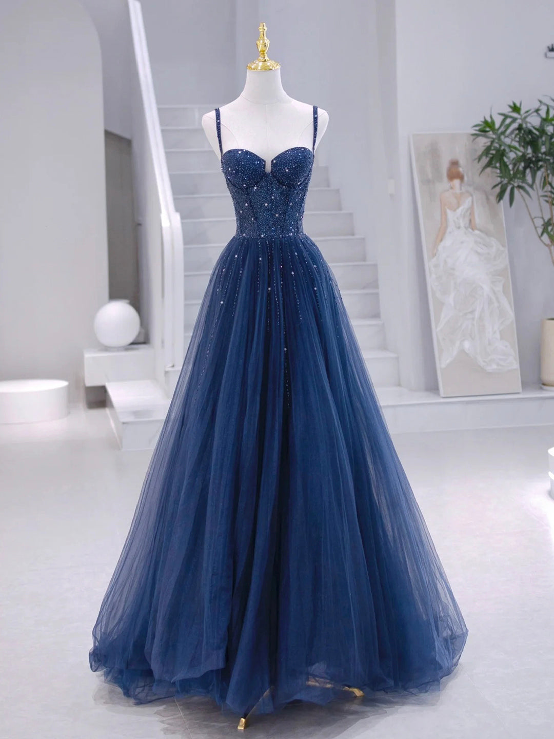 Blue Tulle Beaded Long Corset Formal Dress, Blue Evening Dress outfit, Party Dress Online Shopping