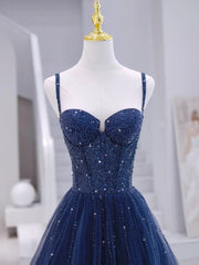 Blue Tulle Beaded Long Corset Formal Dress, Blue Evening Dress outfit, Party Dress Party Dress
