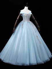 Light Blue Off Shoulder Flowers Tulle Long Party Dress, Light Blue Sweet 16 Dress outfit, Bridesmaid Dresses Idea