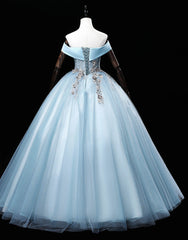 Light Blue Off Shoulder Flowers Tulle Long Party Dress, Light Blue Sweet 16 Dress outfit, Bridesmaids Dress Ideas