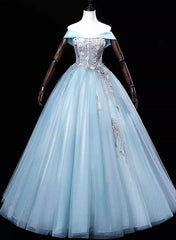 Light Blue Off Shoulder Flowers Tulle Long Party Dress, Light Blue Sweet 16 Dress outfit, Bridesmaids Dresses Idea