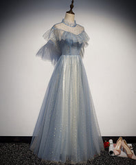 Light Gray Blue Tulle Lace Long Corset Prom Dress, Gray Blue Tulle Evening Dress outfit, Prom Dress Aesthetic