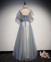 Light Gray Blue Tulle Lace Long Corset Prom Dress, Gray Blue Tulle Evening Dress outfit, Prom Dresses Aesthetic