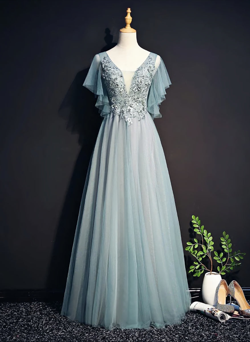 Light Green Tulle Long Party Dress, Green Lace Low Back Corset Prom Dress Evening Dress outfit, Prom Dresses Nearby
