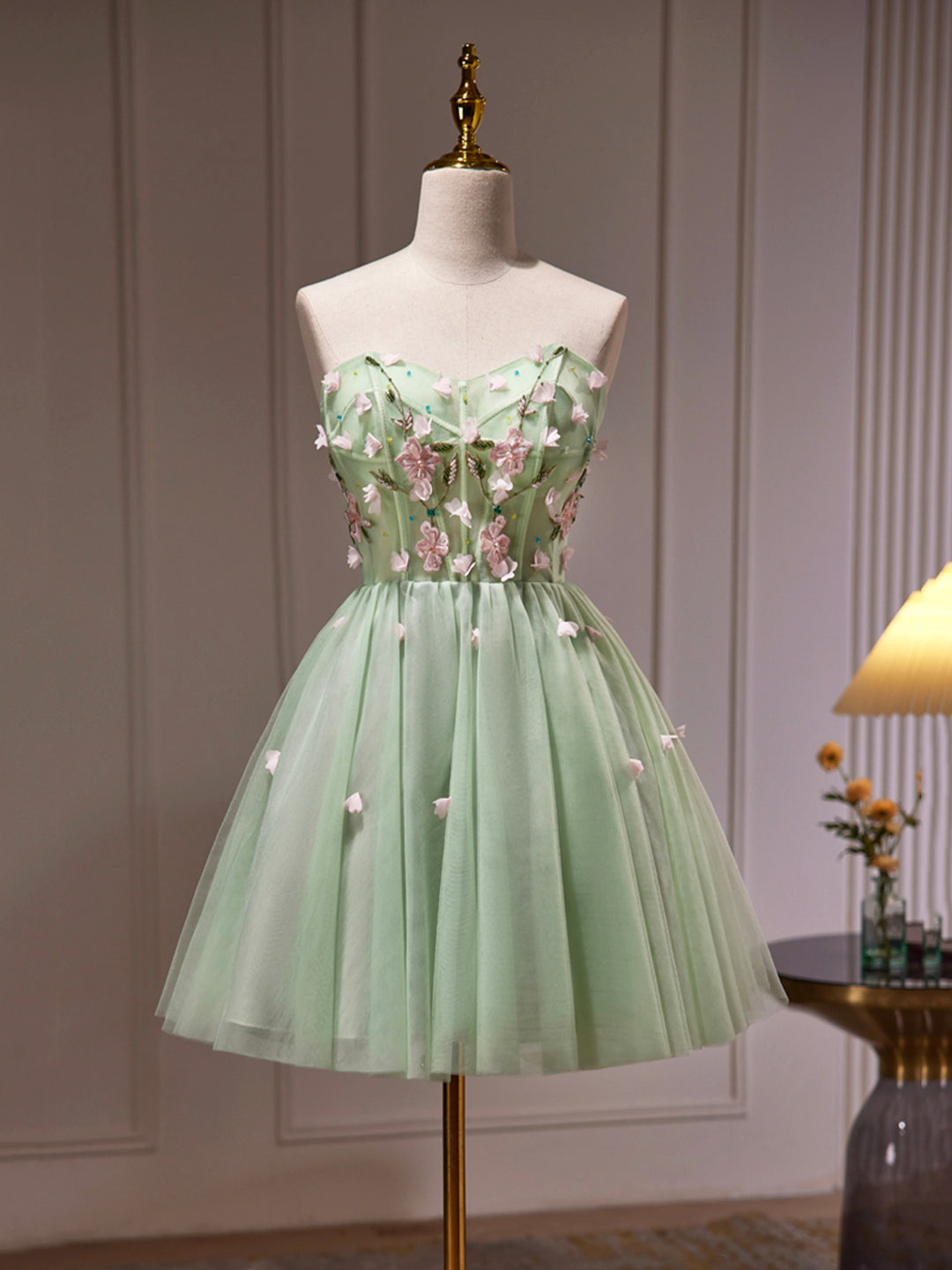 Green Tulle Beaded Party Dress, Green Short Corset Prom Dress with Flowers outfit, Prom Dresses Blues
