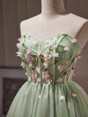 Green Tulle Beaded Party Dress, Green Short Corset Prom Dress with Flowers outfit, Prom Dressed Blue