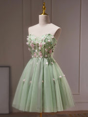 Green Tulle Beaded Party Dress, Green Short Corset Prom Dress with Flowers outfit, Prom Dresses Blush