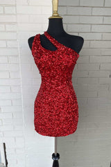 Red One Shoulder Cutout Short Corset Homecoming Gown Sequined Cocktail Dress outfit, Homecoming Dresses Under 62