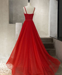 Red Tulle Long Corset Prom Dress, Red Tulle Evening Dress outfit, Prom Dress Shiny