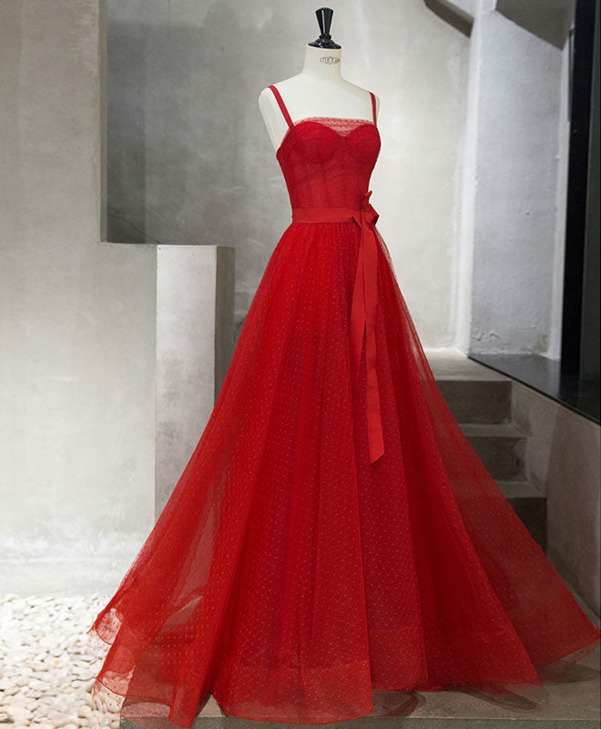 Red Tulle Long Corset Prom Dress, Red Tulle Evening Dress outfit, Prom Dresses Shiny