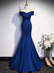 Royal Blue Mermaid Satin Long Corset Prom Dress, Off Shoulder Blue Evening Dress outfit, Prom Dress With Long Sleeves