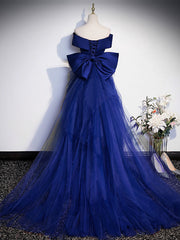 Royal Blue Mermaid Satin Long Corset Prom Dress, Off Shoulder Blue Evening Dress outfit, Prom Dresses With Long Sleeves