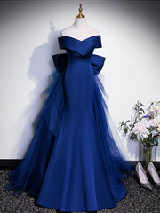 Royal Blue Mermaid Satin Long Corset Prom Dress, Off Shoulder Blue Evening Dress outfit, Prom Dress Outfit