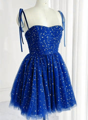 Royal Blue Sparkle Tulle Sweetheart Short Corset Formal Dress, Blue Short Corset Homecoming Dress outfit, Braids