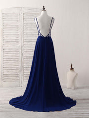 Simple Blue Chiffon Long Corset Prom Dress Backless Blue Evening Dress outfit, Bridesmaid Dress Ideas