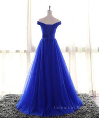 Simple sweetheart tulle blue long Corset Prom dress, blue evening dress outfit, Evening Dresses Open Back