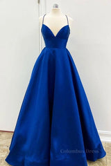 Simple V Neck Backless Royal Blue Satin Long Corset Prom Dress, Royal Blue Backless Corset Formal Dress, Royal Blue Evening Dress, Corset Ball Gown outfits, Evening Dresses Knee Length