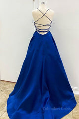 Simple V Neck Backless Royal Blue Satin Long Corset Prom Dress, Royal Blue Backless Corset Formal Dress, Royal Blue Evening Dress, Corset Ball Gown outfits, Evening Dresses For Over 55
