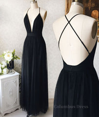 Simple v neck black tulle long Corset Prom dress, black evening dress outfit, Evenning Dress For Wedding Guest