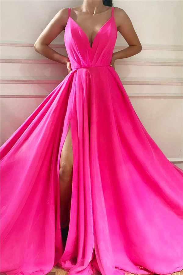 Chic Spaghetti Straps Sleeveless Long Prom Party Gowns| Affordable V-neck Front Slit Long Pink Prom Party Gowns