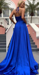 Spaghetti Strap Shiny Royal Blue Prom Party Gowns with High Split Chic V-neck Princess Evening dress On Sale