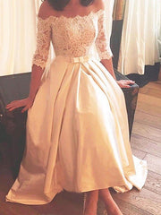 1/2 Sleeves Lace A Line Asymmetrical Sweep Train Satin Off the Shoulder Wedding Dresses