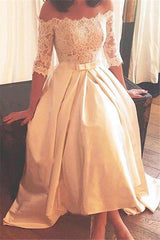 1/2 Sleeves Lace A Line Asymmetrical Sweep Train Satin Off the Shoulder Wedding Dresses