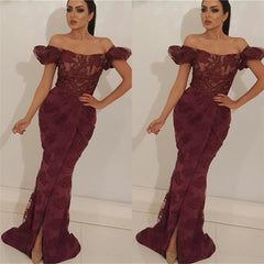 Gorgeous Off-the-Shoulder Lace Prom Party Gowns| Charming Mermaid Front Slit Long Prom Party Gowns