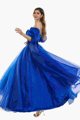 Sweetheart Royal Blue Bubble Sleeves Ball Gown Beaded Prom Dresses