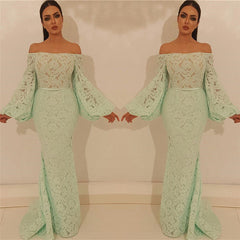 Elegant Mermaid Off-the-Shoulder Prom Party Gowns| Chic Lace Long Sleevess Prom Party Gowns